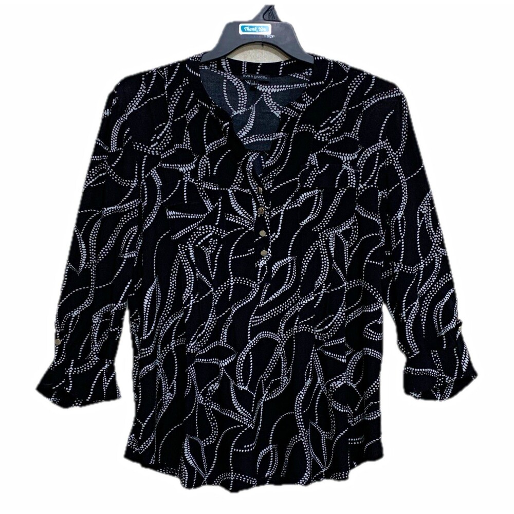 ava & grace Blouse Womens Size Lg Black White Abstract V-Neck Button 3/4 Sleeve